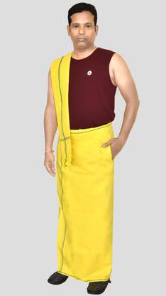 TUNI MANI President Cotton Welcro Pocket Dhoti with Towel, Adjustable Size 28-44 Inches Solid Men Dhoti