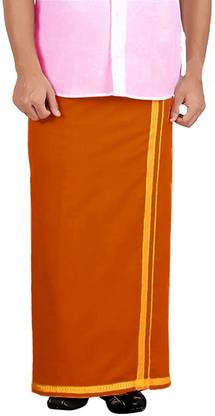 SK NAREN Kerala Style Gold Border Kaavi Colour Dhoti for Men Solid Men Dhoti