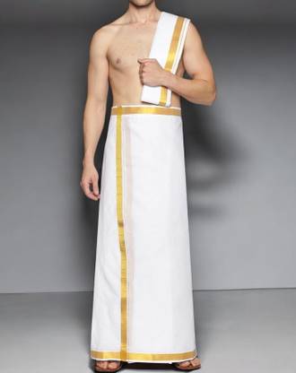 TUNI MANI Pocket Dhoti with Angavastram Solid Men Dhoti