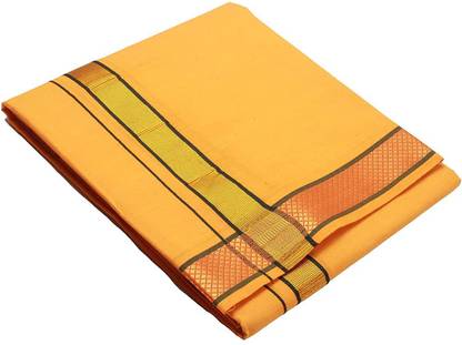 Tharunsha Elite Men’s Dhoti 100% Cotton Border 2.25 Temple Wear Dhoti/Mundu Single-Saffron Solid Men Dhoti