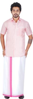Prakasam Cotton Men's White Dobby Double(1.28x4.00mtr) with Self Design Border Solid Men Dhoti