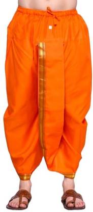 RAMESHWARAM FABRICS Ready made Elastic Cotton Silk Dhoti for men, Free Size, Ready to wear Dhoti Solid Men Dhoti