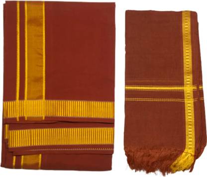 GREYTEN - Dark Kavi Color Cotton Dhoti and Towel - 2 Meters Men Dhoti