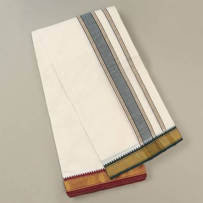 WHITE HOUSE Premium Cotton White & Olive Green Color Fancy Border Men Dhoti