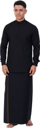 Prakasam Cotton Full sleeve Black Mandarin Collor Shirt+Roja Single(1.28X2.00) Small Border Solid Men Dhoti
