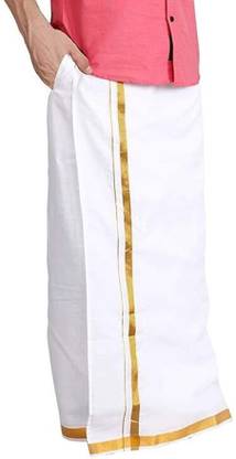 RAMESHWARAM FABRICS South Indian Readymade White Cotton Velcro Dhoti for men Solid Men Dhoti