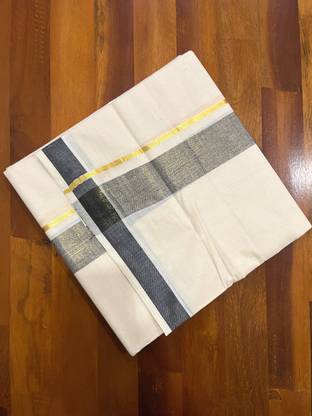 Southloom Pure Cotton Double Mundu with Kasavu Black Kara Solid Men Dhoti