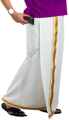 MYZA Jari Cotton White Solid Men Dhoti Solid Men Dhoti