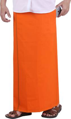 Prakasam Cotton Men's Orange Colour Flexi Size Welcro Readymade with pocket Solid Men Dhoti