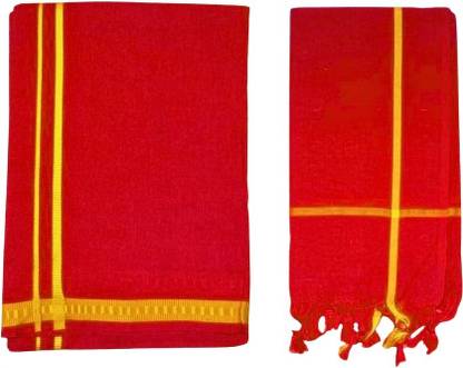 Grosoo Mens Cotton Dhoti with Towel Solid Men Dhoti