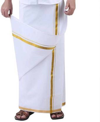 ADIYOGI CREATION Premium quality Men's White Golden Jari cotton dhoti Solid Men Dhoti