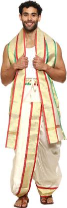 रामेश्वरम फैब्रिक्स Readymade Silk Dhoti with Angwastram पुरुषों के लिए बुना हुआ धोती
