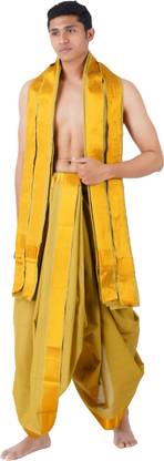Ethazh 9/5 100 K GOLDEN JARIGAI MUSTARD COLOR DHOTI WITH MATCHING ANGAVASTRAM Self Design Men Dhoti