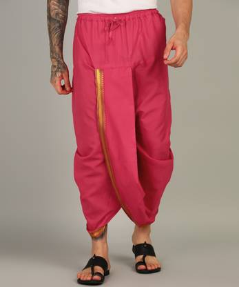 AKESHAVAM Mens Pink Colour Panjakejam Readymade Golden Zari Border Dhoti Free size Silk Embroidered, Striped, Solid Men Dhoti