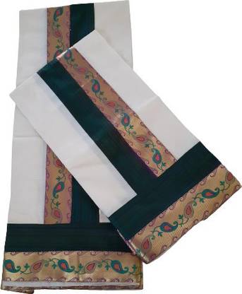 Creative weaves 2x2.5mts Single Set Mundu with Fancy Lace Border in Kerala Cotton with Blouse Striped Women Dhoti