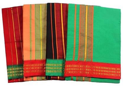 Tharunsha Elite 100% Cotton Men's Single Dhoti -2 Mtrs/Mundus/Lungi Green Border Set 4 Striped Men Dhoti