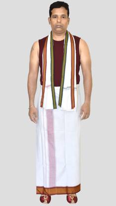 TUNI MANI Pure cotton Mayilkan Design Vesti Length 1.92meter,Towel Size 33" x 65" inches Solid Men Dhoti