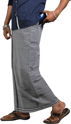 Prakasam Cotton Men's Kerala Style Thalapathi border Ash Colour Flexi Size Welcro Readymade with pocket Solid Men Dhoti