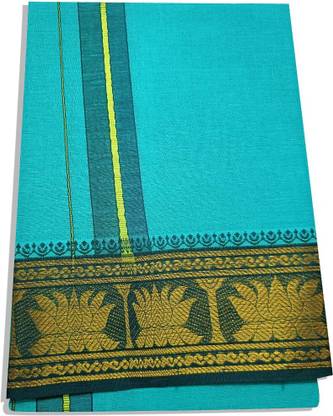 DHOTIES TOWN Pure Cotton Green Colour Dhoties For Men 5 inch Jackard Border Solid Men Dhoti