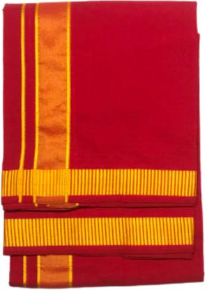 GREYTEN - Red Cotton Dhoti with Wide Gold Border Solid Men Dhoti