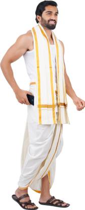 Prakasam Cotton Super Premium Quality Panchakacham readymade pocket dhoti & towel (50k-Cream)set Solid Men Dhoti