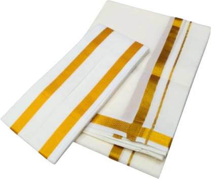ALITEMAT MENS COTTON 4-MULAM WHITE DHOTI WITH GOLD 2-BORDER ANGAVASTRAM Solid Men Dhoti Solid Men Dhoti