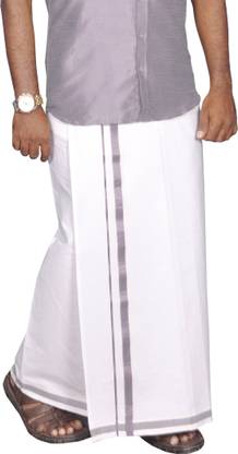 Prakasam Cotton White Premium Quality Welcro Pocket Silver Jari border Cotton Solid Men Dhoti