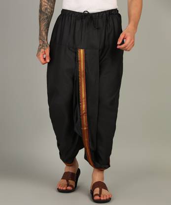 SAC SHREE APARAJEET CREATIONS Mens Black Colour Panjakejam Readymade Golden Zari Dhoti Free size Embroidered, Striped, Solid Men Dhoti