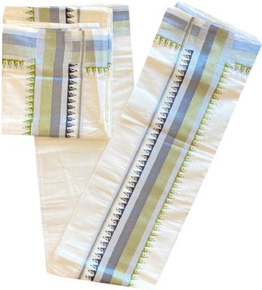 kaitharikada Set Mundu Kerala Cotton Single - Silver Kasavu & Green Black Kara. Women Dhoti