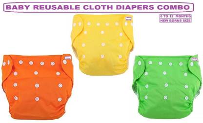 TINNY TOTS Pack of 3 Pocket Button Style Baby Reusable Cloth Diaper Nappies (Without Inserts) Washable Quick-Dry Adjustable All-In-One Diapers Wetfree For New Borns/Toddlers/Infants/New Borns(SMALL,YOG) - New Born