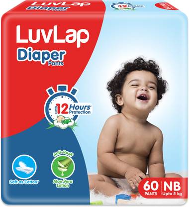 LuvLap Diaper Pants New Born (NB) 0 to 5kg, 60 Count, Baby Diaper Pants, with Aloe Vera Lotion for Rash Protection, upto 12 Hour protection - New Born