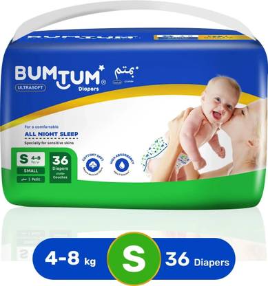 BUMTUM Super Soft Open Tape Diapers with Upto 12 Hrs Protection, Breathable Material - S