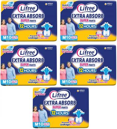 LIFREE Absorb Super Pants - Medium (Waist Size: 30-41 Inch) - 50 Count, Pack of 5 Adult Diapers - M