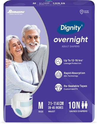 DIGNITY Overnight Adult Diapers, Medium, Waist Size 28" - 45", 10 Pcs/Pack (Pack of 1) Adult Diapers - M