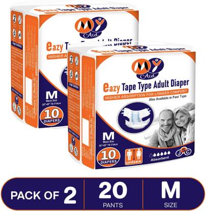 MyAid Easy Tape Type|Medium|Waist 76-114cm|Fast Absorption|Odour Lock |Unisex| Pack- 2 Adult Diapers - M