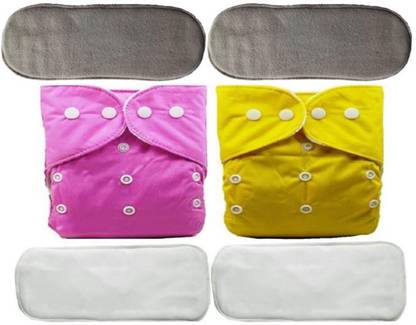 TINNY TOTS 2 Baby Reusable Cloth Diapers Button & 4 Bamboo Microfiber Inserts Quick Dry(PY) - L