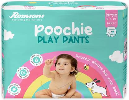Romsons Poochie Play Baby Diaper Pants| 9-14 Kg | Wetness Indicator | Cottony Soft - L