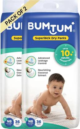 BUMTUM Superlock Diapers Pants with Superlock Gel Technology |Coconut Extracts - New Born