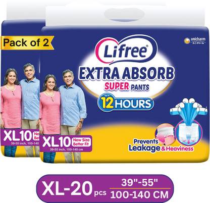 LIFREE Extra Absorb Super Pants | Up to 12 Hours Absorbption | 100-140 CM / 39-55 Inch Adult Diapers - XL