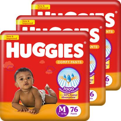 Huggies Comfy Baby Diaper Pants, Upto 50% Faster Absorption (76 X 3) - M