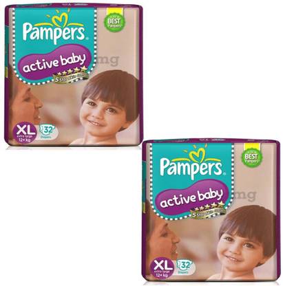 Pampers ACTIVE BABY TAPED DIAPERS EXTRA LARGE XL 32 +32 PACK OF 2 - XL