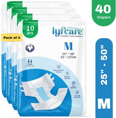 lyfcare Classic Tape Style | Unisex | Medium | Waist Size (25-50 Inch) | Pack of 4 | Adult Diapers - M