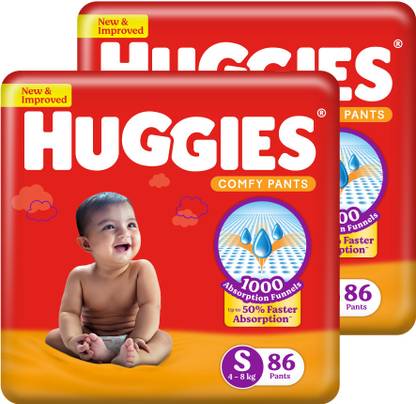Huggies Comfy Baby Diaper Pants, Upto 50% Faster Absorption (86 X 2) - S