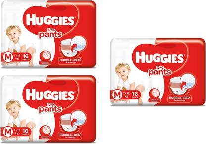 Huggies Dry Pants, Medium (M) Size Baby Diaper Pants, M-16, 16 per count, (PACK OF 3) - M