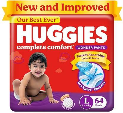 Huggies Comfort Wonder Pants Large (L) Size (9-14 Kgs) Baby Diaper Pants, 64 count - L