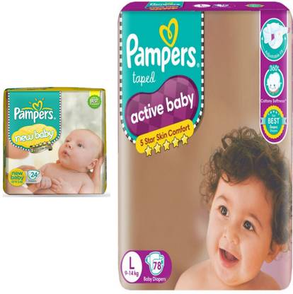 Pampers ACTIVE BABY TAPED DIAPERS NEW BORN NB 24+78 L LARGE PACK OF 2 - New Born