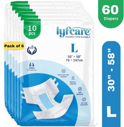 lyfcare Classic Tape Style | Unisex | Large | Waist Size (30-58 Inch) | Pack of 6 | Adult Diapers - L