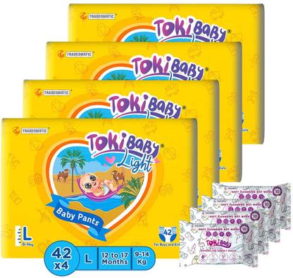 TokiBaby Light Ultra Thin Pull Up Baby Diaper Pants Size L from 12 to 17 Months + Wipes - L
