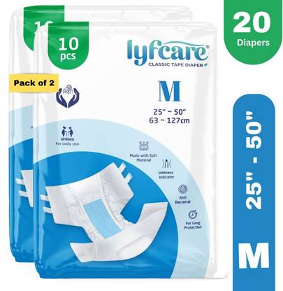 lyfcare Classic Tape Style | Unisex | Medium | Waist Size (25-50 Inch) | Pack of 2 | Adult Diapers - M