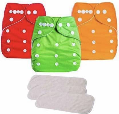 kogar All New Reusable Washable Red Green Orange Cloth Button Diaper With White 5 Layer Insert For Baby New Born To 2 Year (3 Diaper +3 Insert)#12 - M - L